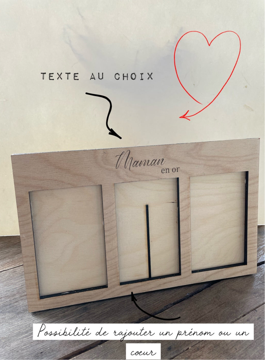 Cadre en bois 3 emplacements personnalisable